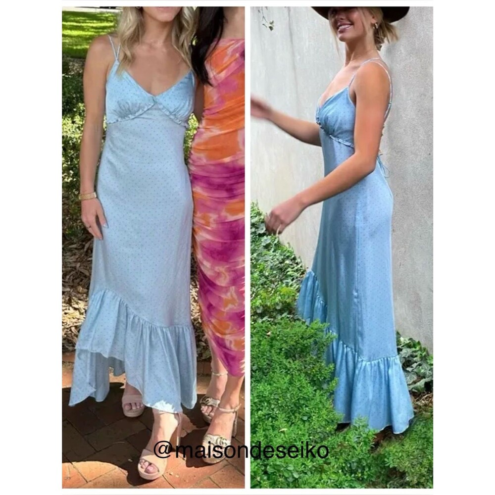 NWT Cinq a Sept Maxi Dress Light Blue Polka Dot Satin Slip Lizzia size 00